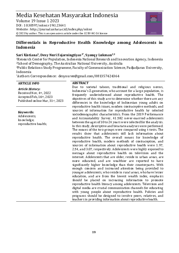 (PDF) Differentials in Reproductive Health Knowledge among Adolescents ...