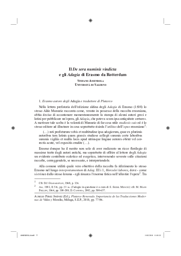 (PDF) Il De sera numinis vindicta e gli Adagia di Erasmo da Rotterdam