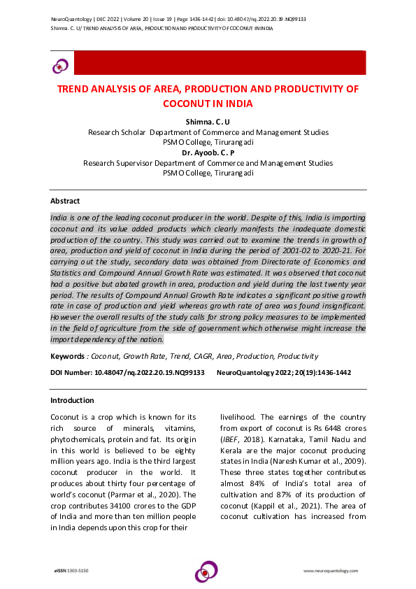 (PDF) TREND ANALYSIS OF AREA, PRODUCTION AND PRODUCTIVITY OF COCONUT IN ...