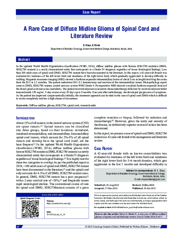 (PDF) A Rare Case of Diffuse Midline Glioma of Spinal Cord and ...
