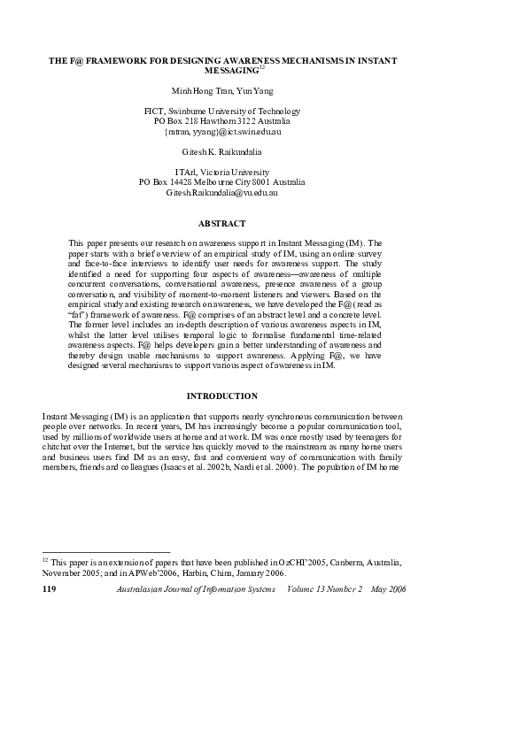 (PDF) The F@ Framework For Designing Awareness Mechanisms in Instant ...