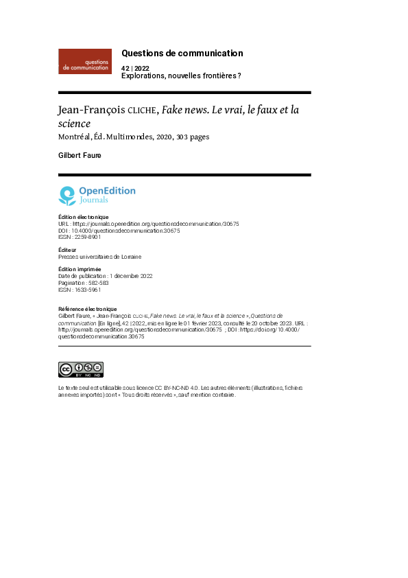 (PDF) Jean-François Cliche, Fake news. Le vrai, le faux et la science