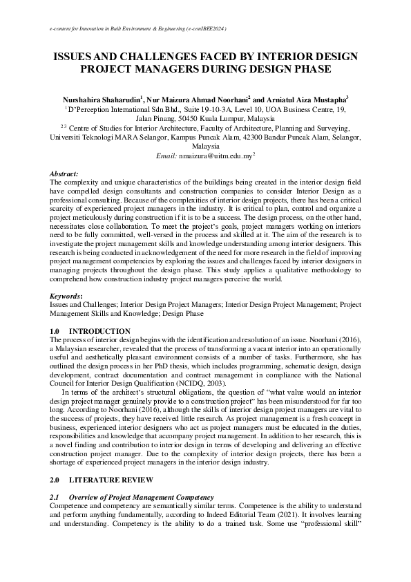 (PDF) ISSUES AND CHALLENGES FACED BY INTERIOR DESIGN PROJECT MANAGERS ...