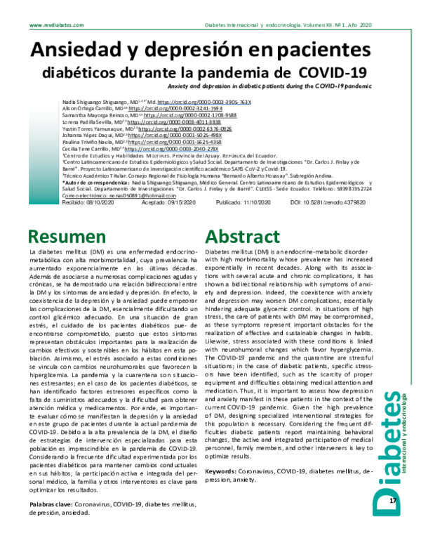 (PDF) Ansiedad y depresión en pacientes diabéticos durante la pandemia ...