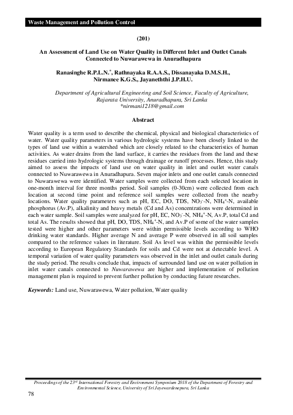 (PDF) An Assessment of Land Use on Water Quality in Different Inlet and ...