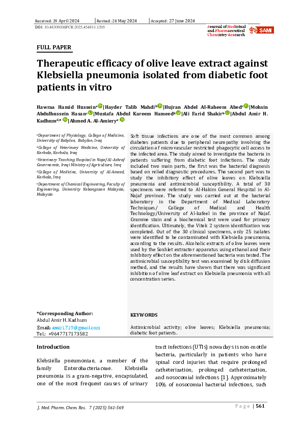 (PDF) Therapeutic efficacy of olive leave extract against Klebsiella ...