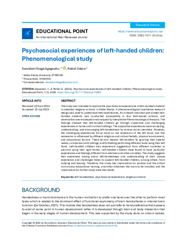 (PDF) Psychosocial experiences of left-handed children ...