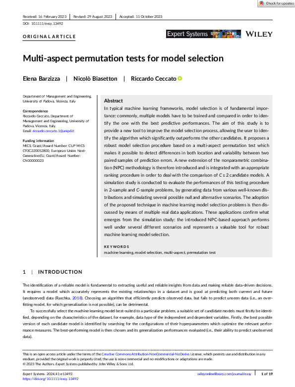 (PDF) Multi-aspect permutation tests for model selection