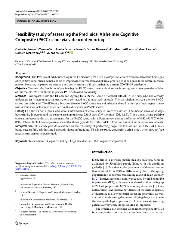 (PDF) Feasibility study of assessing the Preclinical Alzheimer ...