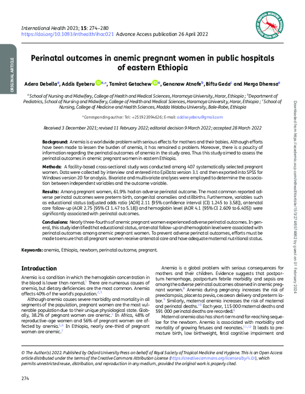 (PDF) Perinatal outcomes in anemic pregnant women in public hospitals ...