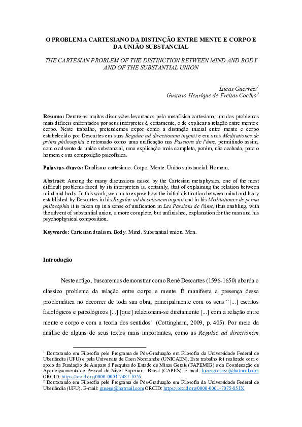 (PDF) O PROBLEMA CARTESIANO DA DISTINÇÃO ENTRE MENTE E CORPO E DA UNIÃO ...