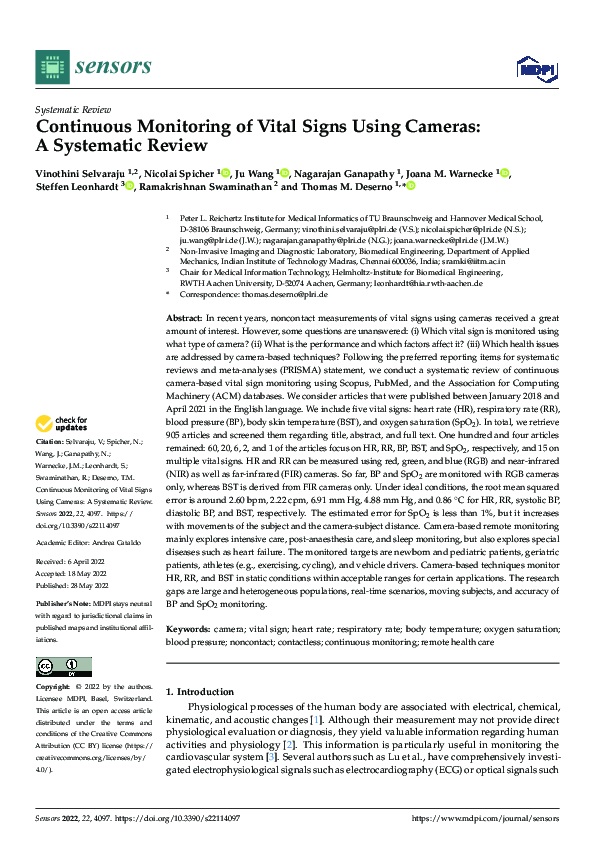 (PDF) Continuous Monitoring of Vital Signs Using Cameras: A Systematic ...