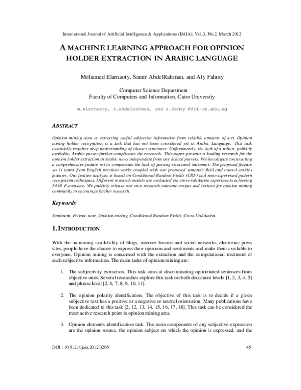 (PDF) A Machine Learning Approach for Opinion Holder Extraction in ...