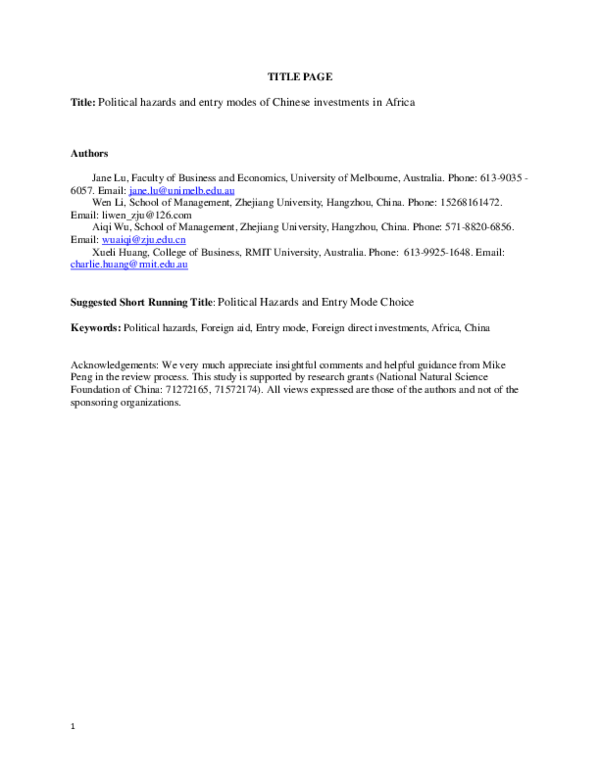 (PDF) Political hazards and entry modes of Chinese investments in Africa
