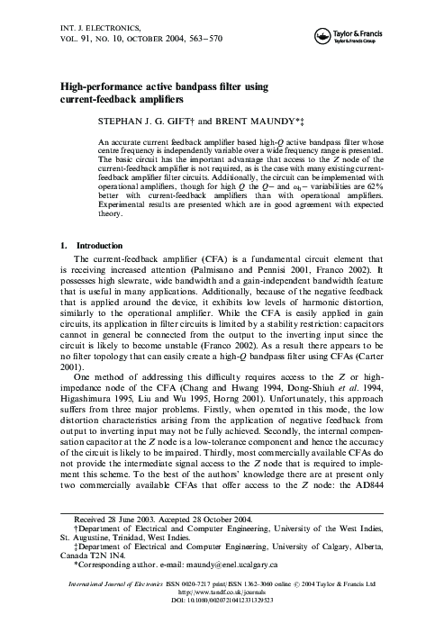 (PDF) High-performance active bandpass filter using current-feedback ...