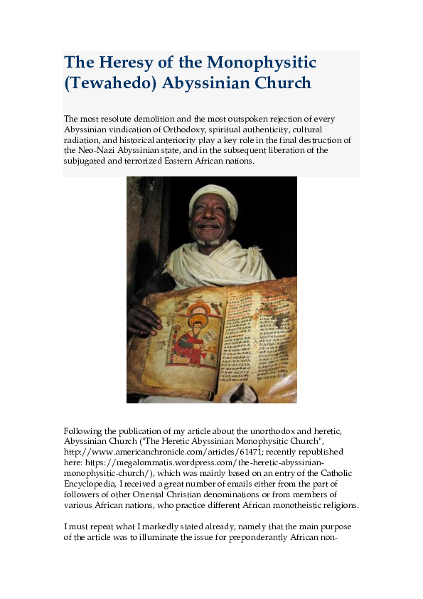 (PDF) The Heresy of the Monophysitic (Tewahedo) Abyssinian Church (2008)