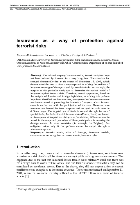 (PDF) Insurance as a way of protection against terrorist risks
