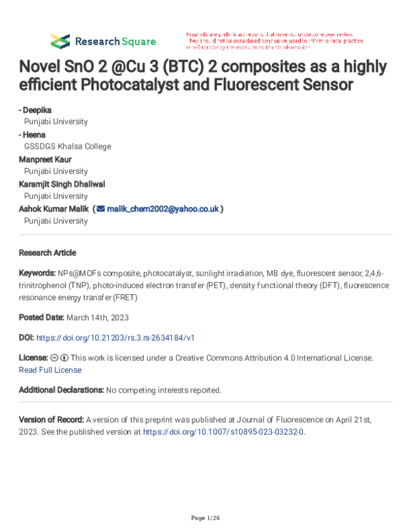 (PDF) Novel SnO2@Cu3(BTC)2 Composites as a Highly Efficient ...