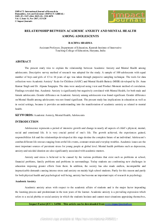 (PDF) RELATIONSHIP BETWEEN ACADEMIC ANXIETY AND MENTAL HEALTH AMONG ...