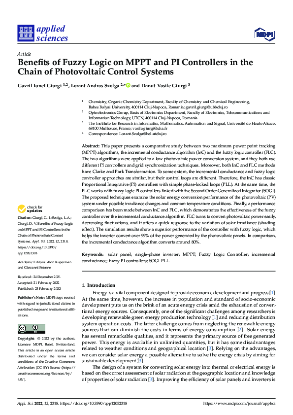 (PDF) Benefits of Fuzzy Logic on MPPT and PI Controllers in the Chain ...
