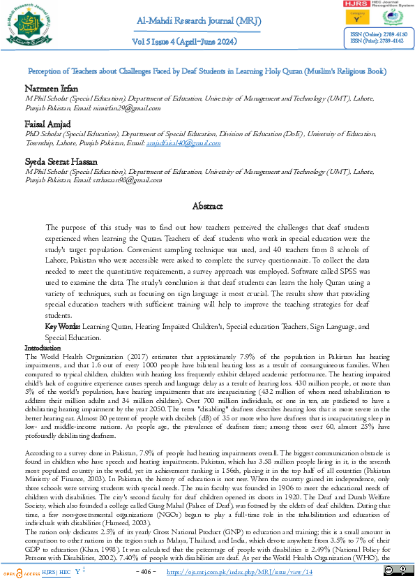 (PDF) Perception of Teachers about Challenges Faced by Deaf Students in ...