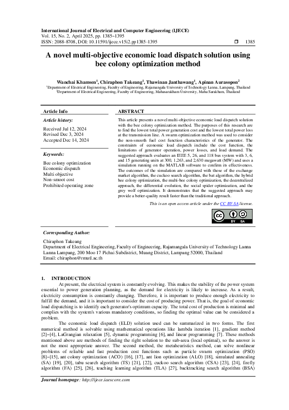 (PDF) A novel multi-objective economic load dispatch solution using bee ...