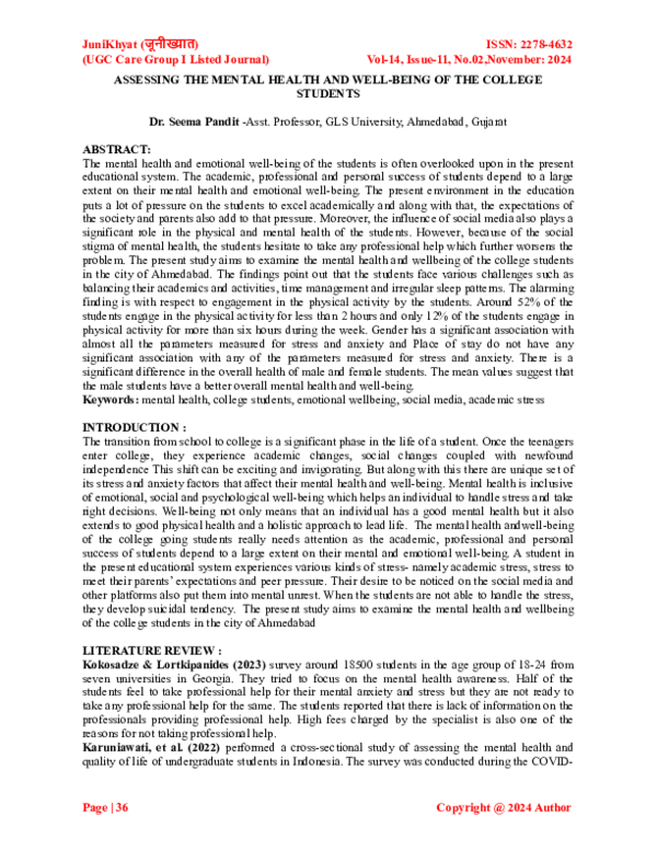 (PDF) Assessing the Mental Health and Well being of College Students