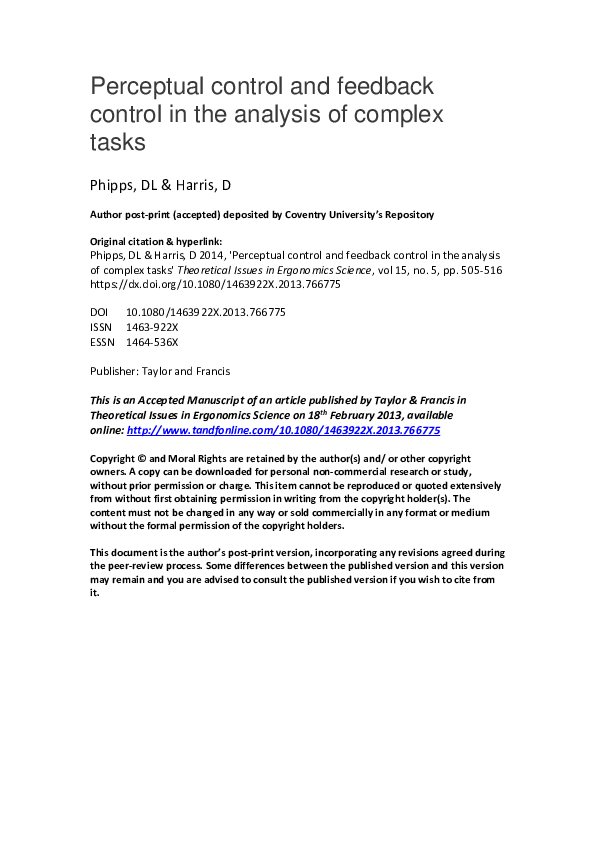 (PDF) Perceptual control and feedback control in the analysis of ...