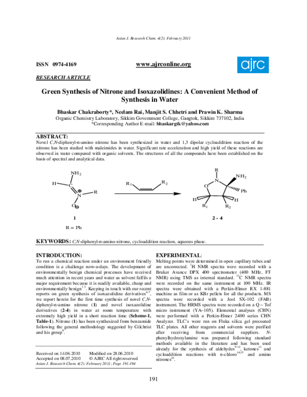 (PDF) Green Synthesis of Nitrone and Isoxazolidines: A Convenient ...