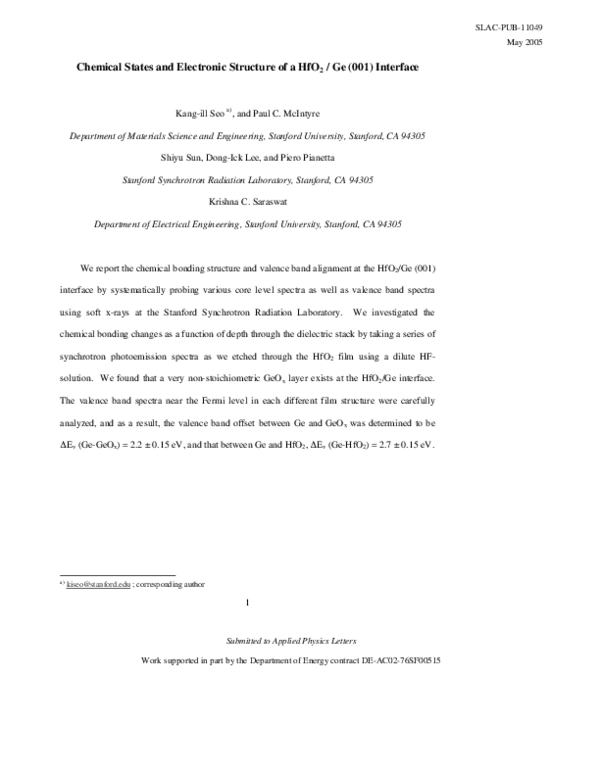 (PDF) Chemical states and electronic structure of a HfO2∕Ge(001) interface