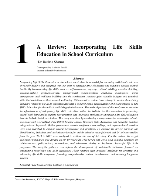 (PDF) A Review: Incorporating Life Skills Education in School Curriculum