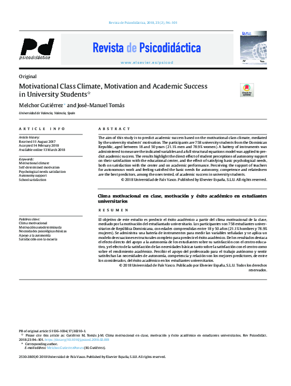 (PDF) Motivational Class Climate, Motivation and Academic Success in ...