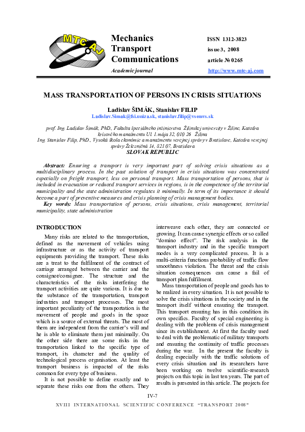 (PDF) Mechanics Transport MASS TRANSPORTATION OF PERSONS IN CRISIS ...