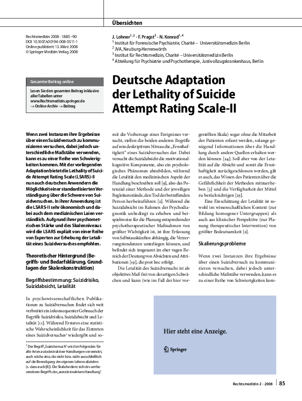 (PDF) Deutsche Adaptation der Lethality of Suicide Attempt Rating Scale-II