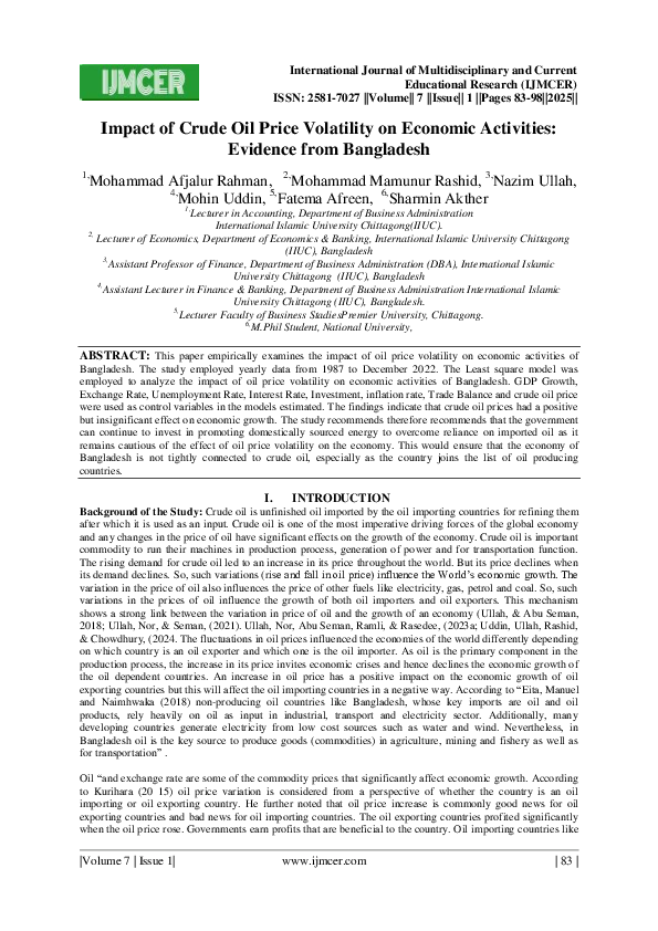 (PDF) Impact of Crude Oil Price Volatility on Economic Activities ...