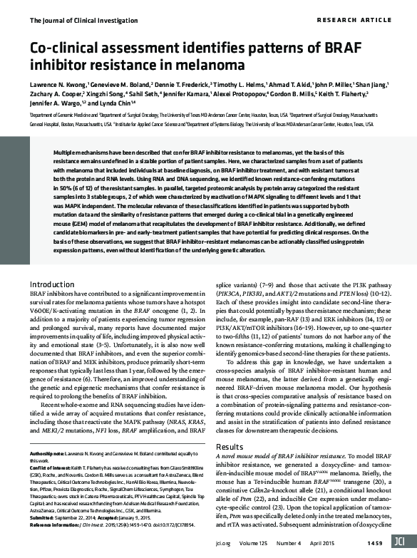 (PDF) Co-clinical assessment identifies patterns of BRAF inhibitor ...