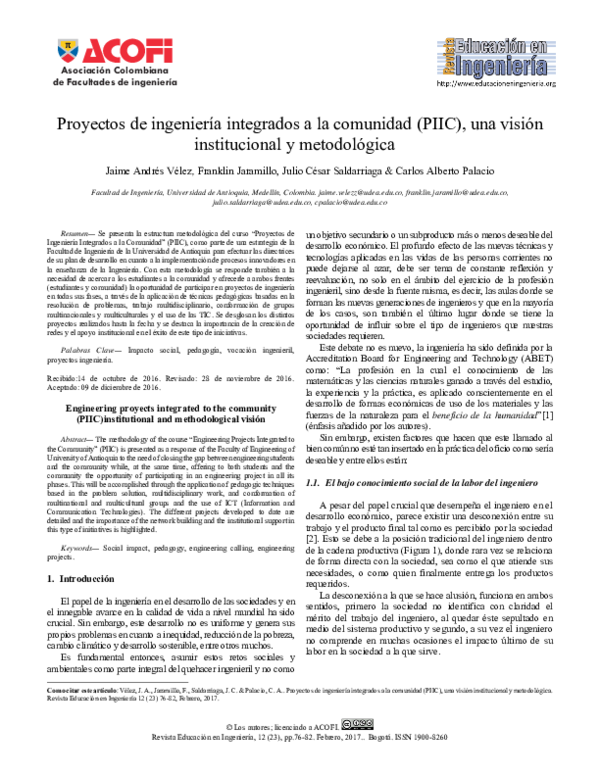 (PDF) Proyectos de ingeniería integrados a la comunidad (PIIC), una ...