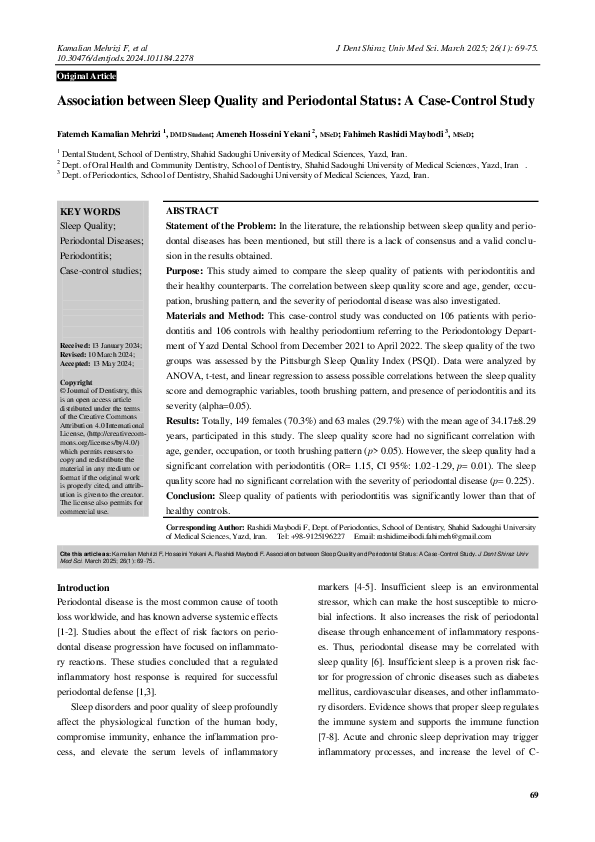 (PDF) Association between Sleep Quality and Periodontal Status: A Case ...