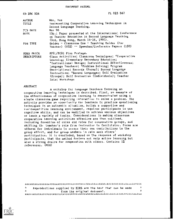 Pdf Implementing Cooperative Learning Techniques In Second Language