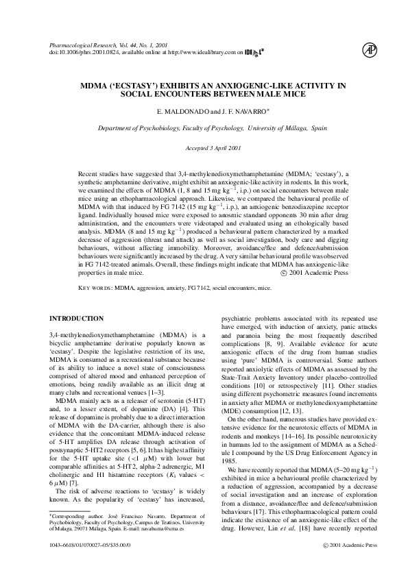 (PDF) MDMA (‘ecstasy’) exhibits an anxiogenic-like activity in social ...