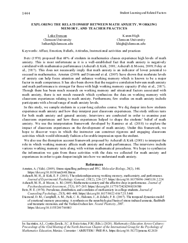 (PDF) Exploring the relationship between math anxiety, working memory ...