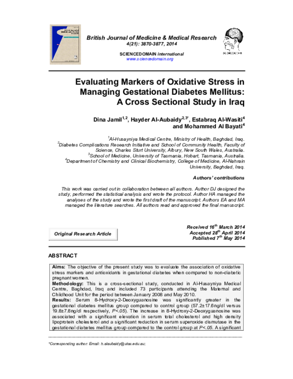 (PDF) Evaluating Markers of Oxidative Stress in Managing Gestational ...