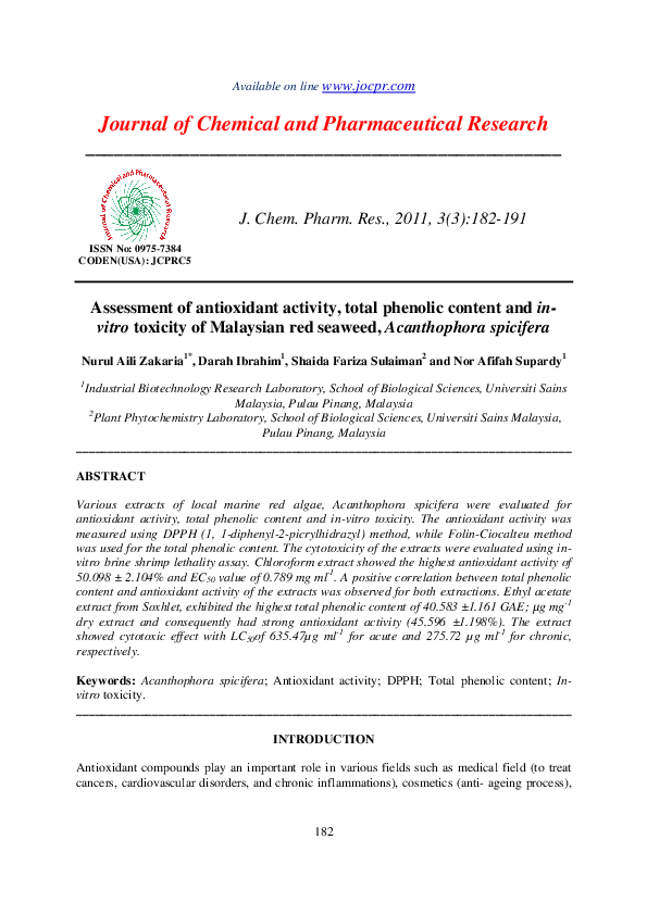 (PDF) Assessment of antioxidant activity, total phenolic content and ...