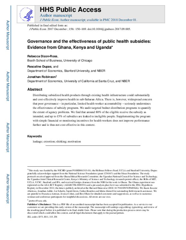 (PDF) Governance and the Effectiveness of Public Health Subsidies ...
