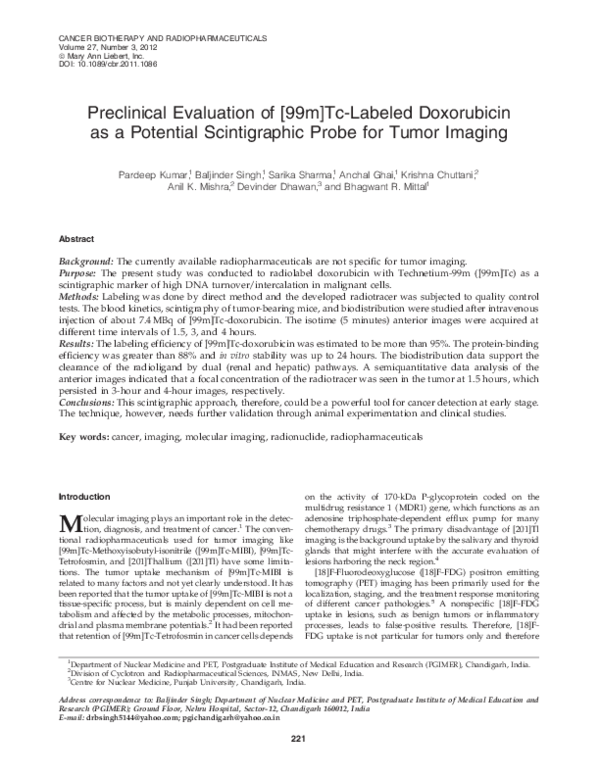 (PDF) Preclinical Evaluation of [99m]Tc-Labeled Doxorubicin as a ...