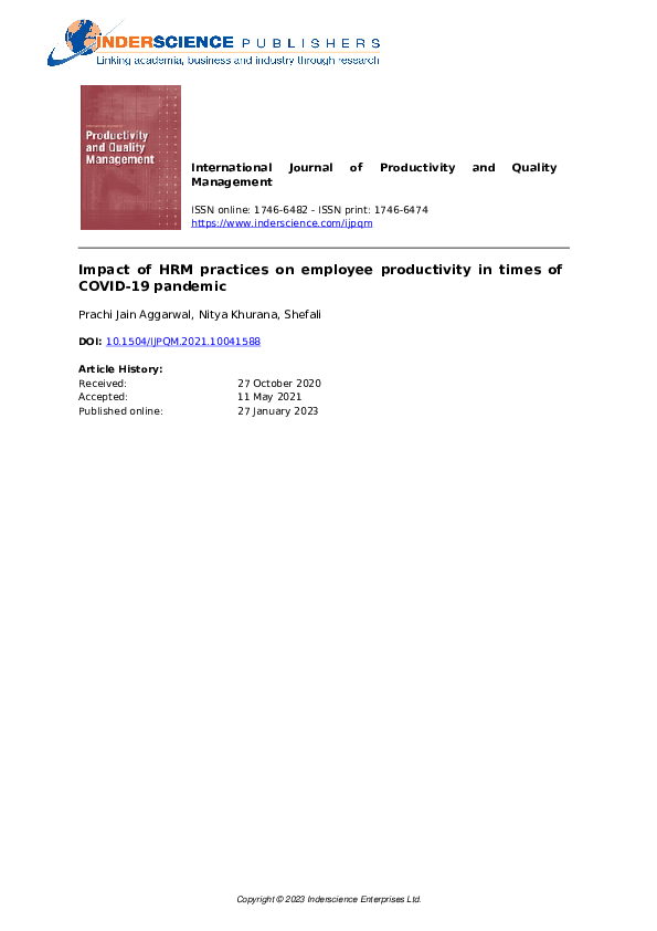 (PDF) Impact of HRM Practices on Employee productivity in times of ...