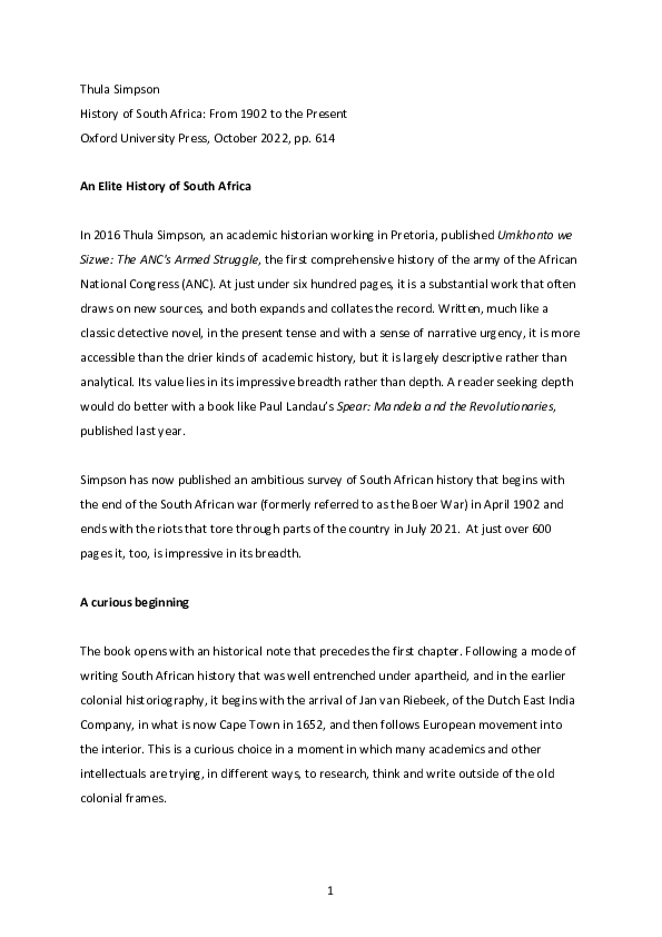 (PDF) South African History From Above A review of Thula Simpson's ...
