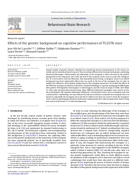 (PDF) Effects of the genetic background on cognitive performances of ...