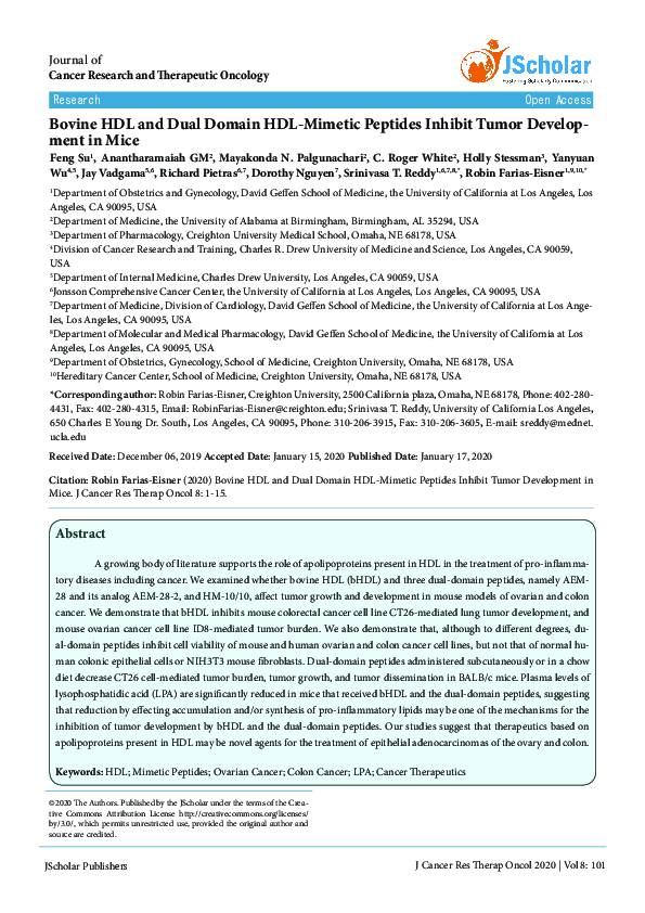 (PDF) Bovine HDL and Dual Domain HDL-Mimetic Peptides Inhibit Tumor ...