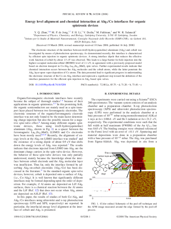 (PDF) Energy level alignment and chemical interaction atAlq3 ...